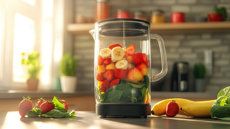A sleek blender filled with fresh fruits like bananas, strawberries, and spinach on a modern kitchen countertop.の素材