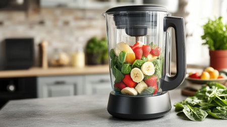 A sleek blender filled with fresh fruits like bananas, strawberries, and spinach on a modern kitchen countertop.の素材