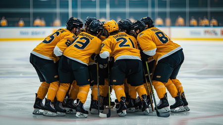 A team huddle on the ice, players leaning on their sticks as they strategize during a timeout.の素材