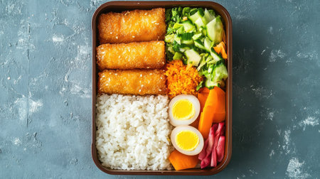 A top-down view of a Japanese bento box with neatly arranged rice, egg rolls, and colorful vegetables.の素材