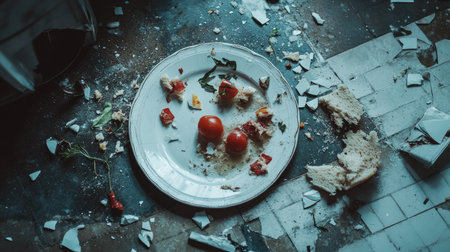 A shattered ceramic plate lying on a kitchen floor, with remnants of food around the broken pieces.の素材