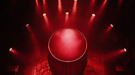 A top-down view of a red silk podium glowing under spotlights, surrounded by subtle stage lighting.の素材