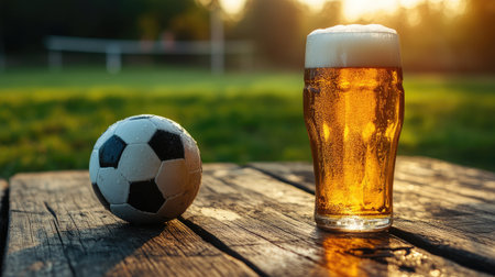 A soccer ball and a frothy beer on a wooden surface, with a green field in the background.の素材