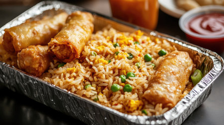 A takeaway foil food box filled with fried rice, egg rolls, and dipping sauce, ready for a delicious meal.の素材