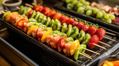 A tray of fresh fruit skewers featuring vibrant slices of kiwi, strawberries, and grapes, served at a buffet.の素材