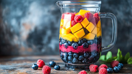 A smoothie blender filled with layers of colorful fruits like blueberries, mangoes, and raspberries on a rustic countertop.の素材