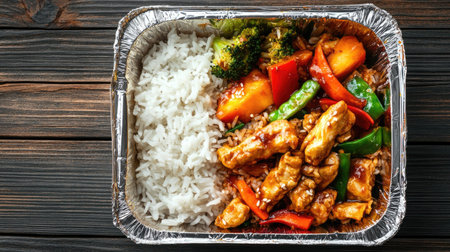 A top view of a foil food box filled with a tasty takeaway meal of stir-fried vegetables, rice, and chicken strips.の素材
