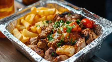 A takeaway meal in a foil food box, with the lid partially opened to reveal delicious food inside, ready to be served.の素材
