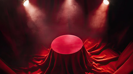 A top-down view of a red silk podium glowing under spotlights, surrounded by subtle stage lighting.の素材