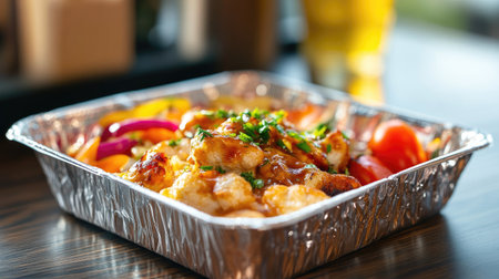 A takeaway meal in a foil food box, with the lid partially opened to reveal delicious food inside, ready to be served.の素材