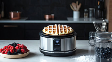 A sleek stainless steel waffle maker on a kitchen island, with powdered sugar and berries nearby.の素材