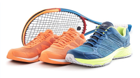 A variety of athletic sports gear, including running shoes, a tennis racket, and a volleyball, isolated on white.の素材