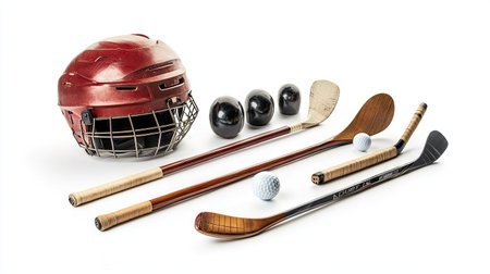 A variety of sports equipment including a helmet, golf clubs, and a hockey stick, isolated on a white background.の素材