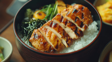 A traditional Japanese bento box filled with rice, grilled chicken, seaweed salad, and tamagoyaki.の素材