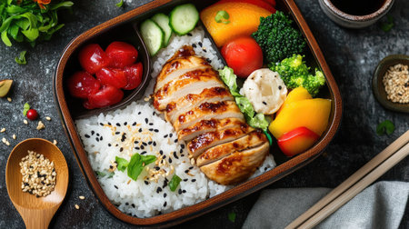 A top view of a Japanese bento box with rice, sliced fruits, grilled chicken, and roasted vegetables.の素材