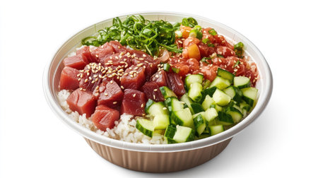 A take-out poke bowl with ahi tuna, rice, and vegetables, garnished with sesame seeds and served on a white surface.の素材