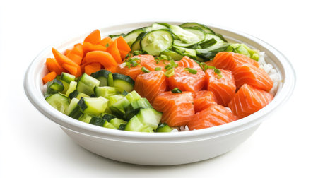 A take-out poke bowl filled with salmon, rice, and a variety of vegetables, isolated on a white surface.の素材