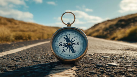 A symbolic image of a compass on an open road with Success engraved on its needle, pointing forward.の素材