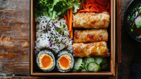 A top-down view of a Japanese bento box with neatly arranged rice, egg rolls, and colorful vegetables.の素材