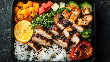 A top view of a Japanese bento box with rice, sliced fruits, grilled chicken, and roasted vegetables.の素材