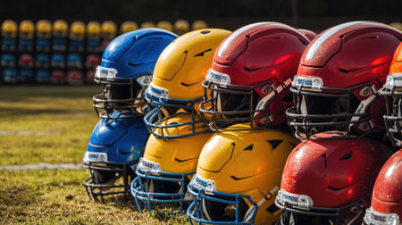 A stack of youth football helmets in vibrant colors on a recreational field.の素材