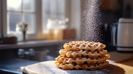 A sunny kitchen with a waffle maker in use, fresh waffles piled high, and powdered sugar being sprinkled on top.の素材