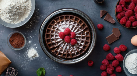 A stylish waffle maker surrounded by ingredients like cocoa powder, flour, and fresh raspberries.の素材