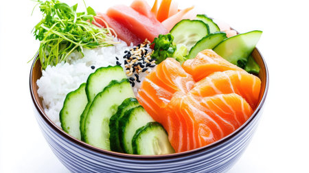 A tasty poke bowl with salmon, rice, and a colorful assortment of vegetables, isolated on a white background.の素材