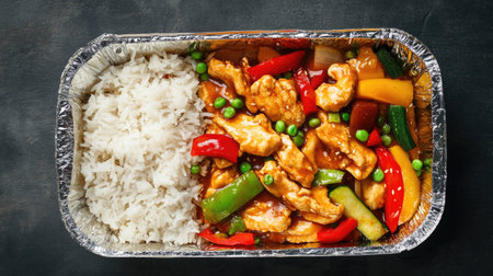 A top view of a foil food box filled with a tasty takeaway meal of stir-fried vegetables, rice, and chicken strips.の素材
