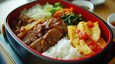 A traditional Japanese bento lunch box with a variety of dishes including rice, meat, and seasonal vegetables.の素材