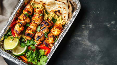 A takeaway meal in a foil food box filled with chicken kebabs, pita bread, and hummus, sealed and ready to go.の素材