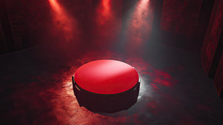 A top-down view of a red silk podium glowing under spotlights, surrounded by subtle stage lighting.の素材