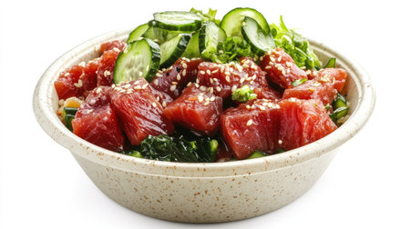 A tasty take-out poke bowl with ahi tuna, seaweed, and cucumber, served on a white background.の素材