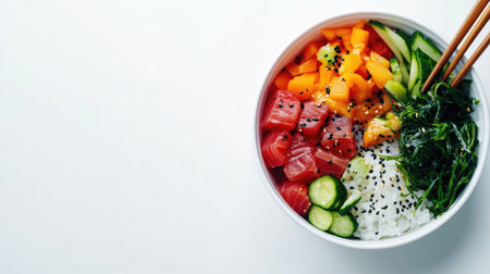 A take-out poke bowl with fresh tuna, seaweed, and veggies, isolated on a clean white background.の素材
