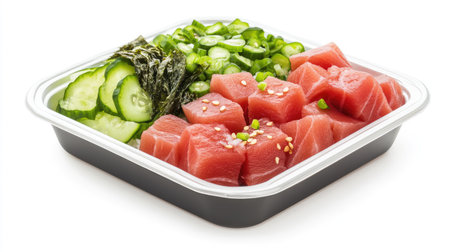 A take-out poke bowl with fresh tuna, seaweed, and veggies, isolated on a clean white background.の素材