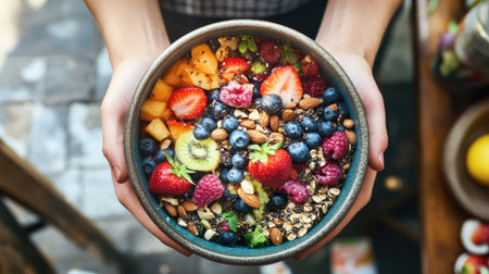 A top-down view of a blender filled with vibrant fruits, nuts, and seeds, with a clean kitchen aesthetic.の素材