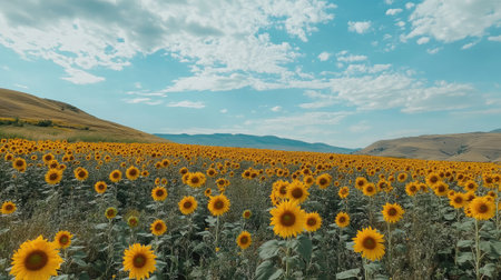 A vast sunflower field dotted with bright yellow blooms, with a cloudy blue sky creating a serene atmosphere.の素材