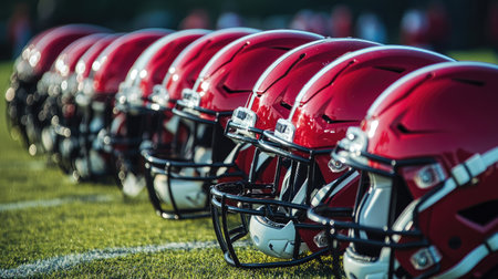 A team's row of matching football helmets lined up on the sidelines before kickoff.の素材