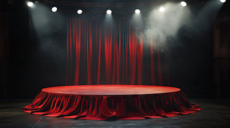 A stage podium covered in red silk, surrounded by a darkened audience area with focused spotlights.の素材