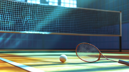 A shuttlecock and badminton racket resting on the court, with the net and empty court in the background.の素材