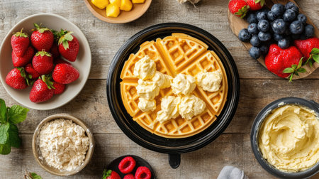 A top-down view of a waffle maker with golden waffles, alongside bowls of batter and fresh fruit.の素材