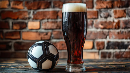 A soccer ball and a tall glass of dark beer on a wooden surface, with a brick wall backdrop.の素材
