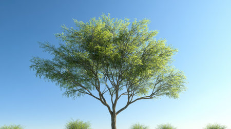 A tall tree with a full green canopy, stretching towards the sky on a bright, cloudless day.の素材