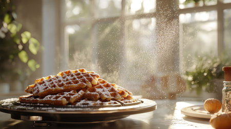 A sunny kitchen with a waffle maker in use, fresh waffles piled high, and powdered sugar being sprinkled on top.の素材