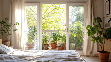 A stylish bedroom with aluminum sliding doors leading to a balcony adorned with potted plants.の素材