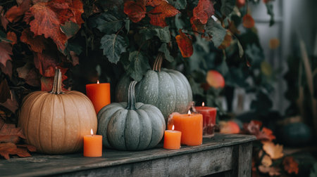 A Thanksgiving-themed table with pumpkins, orange candles, and autumn leaves as decor on a wooden table.の素材