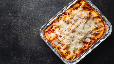A top-down view of a foil food box filled with a takeaway meal of pasta, sauce, and grated cheese, sealed tightly.の素材
