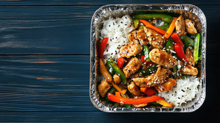 A top view of a foil food box filled with a tasty takeaway meal of stir-fried vegetables, rice, and chicken strips.の素材