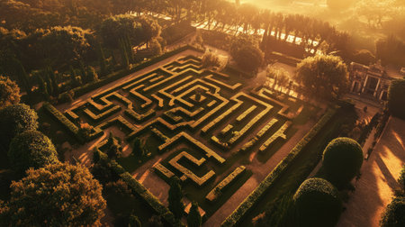 An intricate hedge maze with symmetrical pathways, viewed from above, glowing under golden hour light.の素材