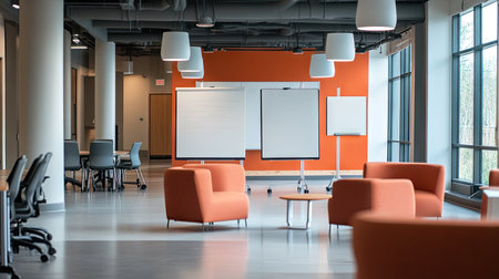 An open workspace with movable whiteboards, cozy chairs, and collaborative zones under hanging pendant lights.の素材